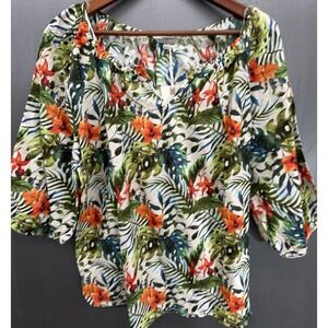 Hester & Orchard Shirt XL Green Floral Tropical Linen Casual Career Top NEW
